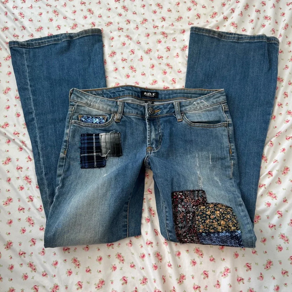 vintage allen b low rise patchwork flare jeans